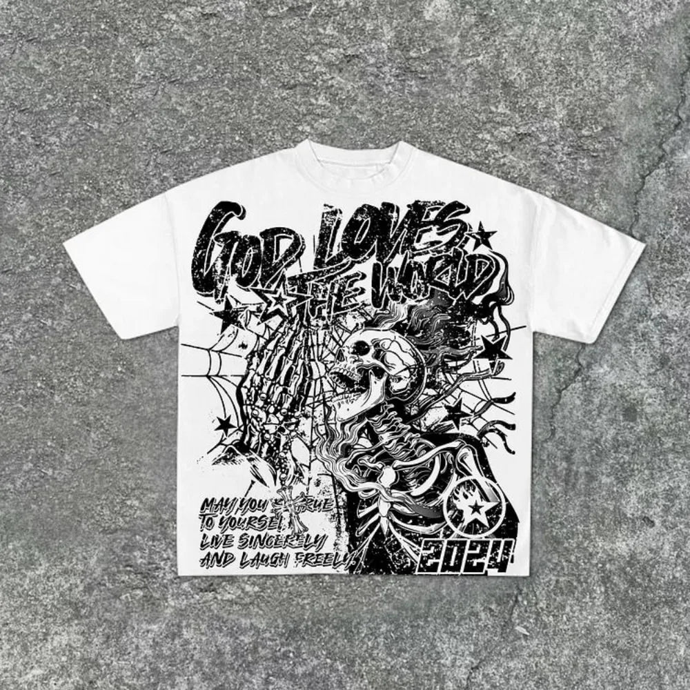 Summer men's fashion style skull print comfortable and breathable with round neck T-shirt outdoor warning top
