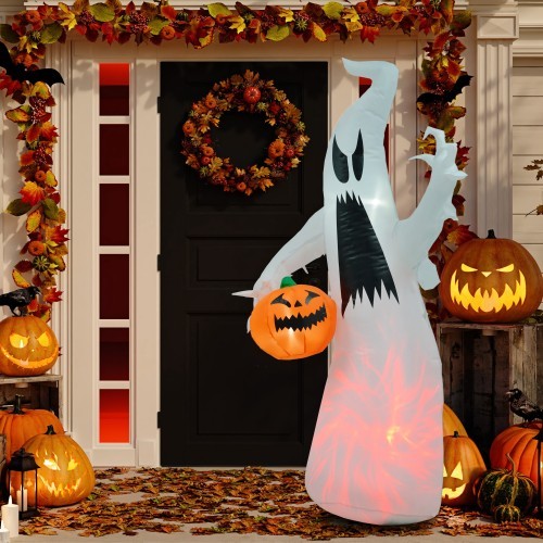 HOMCOM 5.9 Halloween Inflatable Outdoor Decoration Ghost With Pumpkin, Blow Up LED Yard Decor For Garden, Lawn, Party, Holiday, Waterproof