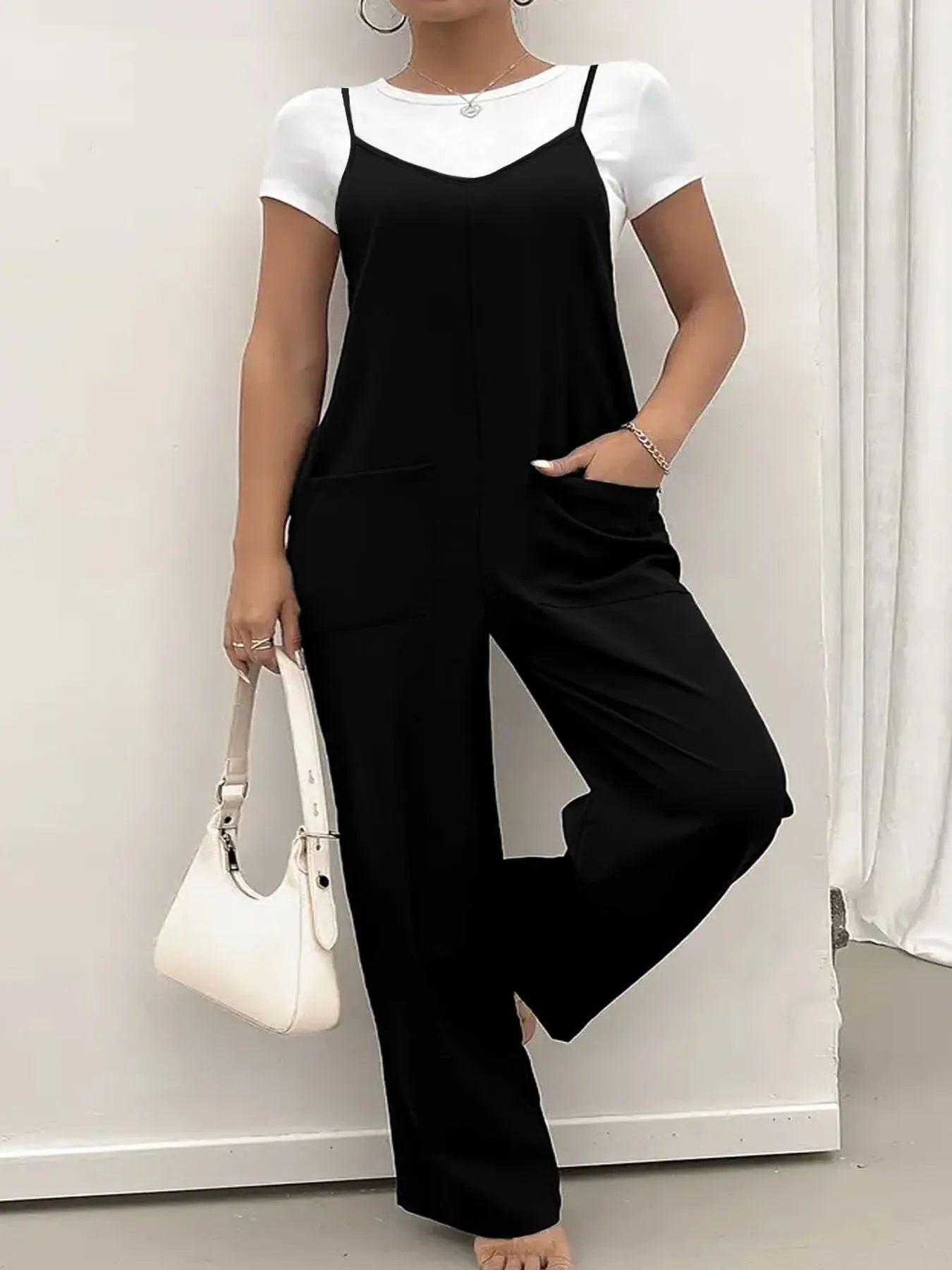 New summer solid color casual temperament commuter pocket trousers suspender jumpsuits women's clothing