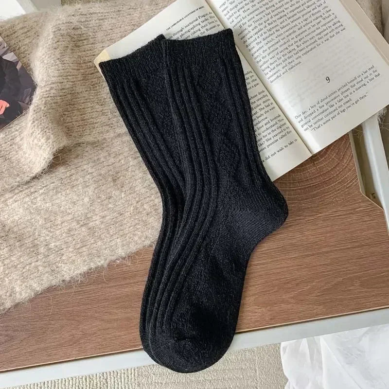 5Pairs Casual Thick Cashmere Socks Women Girls Japanese Harajuku Solid Color Wool Sock Fuzzy Soft Thermal Home Sleeping Stocking