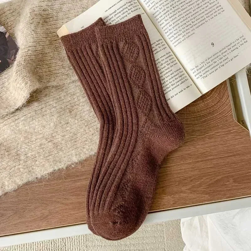 5Pairs Casual Thick Cashmere Socks Women Girls Japanese Harajuku Solid Color Wool Sock Fuzzy Soft Thermal Home Sleeping Stocking
