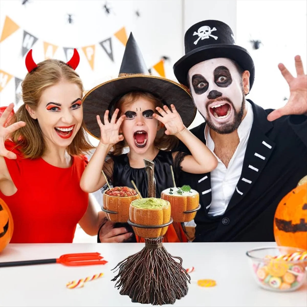 Halloween Pumpkin Snack Bowl Stand, Halloween Broomstick Snack Bowl Stand