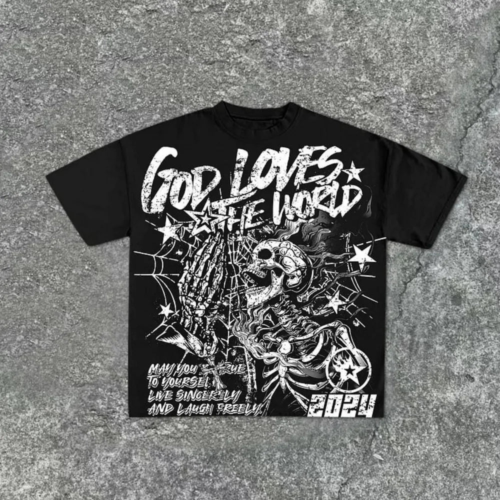 Summer men's fashion style skull print comfortable and breathable with round neck T-shirt outdoor warning top