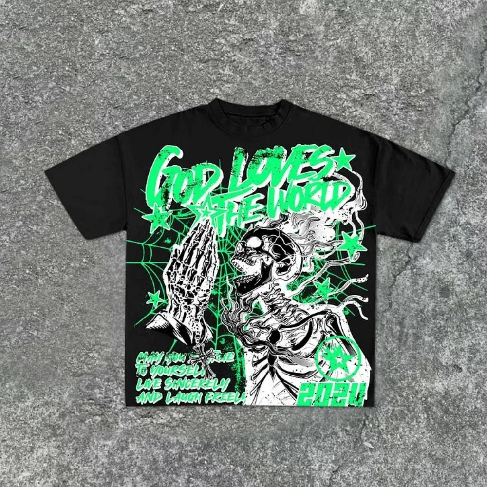 Summer men's fashion style skull print comfortable and breathable with round neck T-shirt outdoor warning top