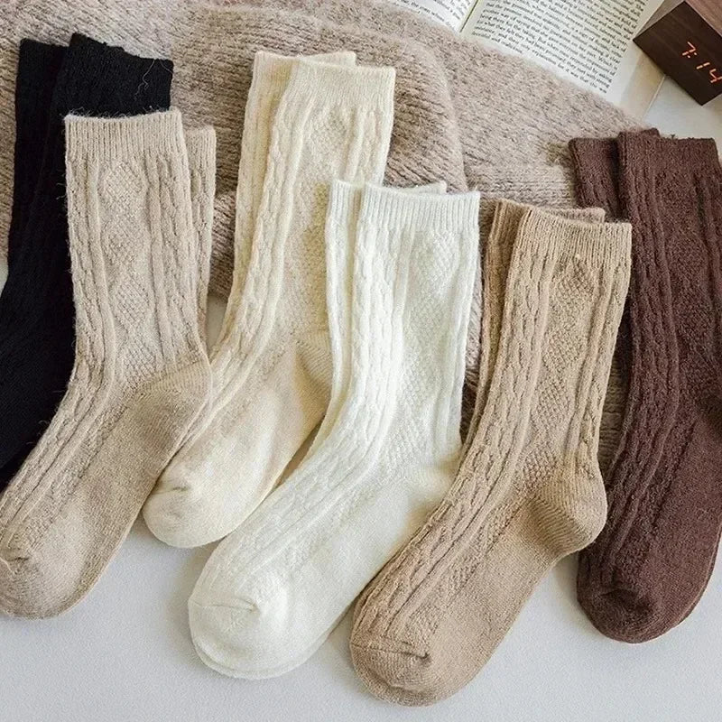 5Pairs Casual Thick Cashmere Socks Women Girls Japanese Harajuku Solid Color Wool Sock Fuzzy Soft Thermal Home Sleeping Stocking