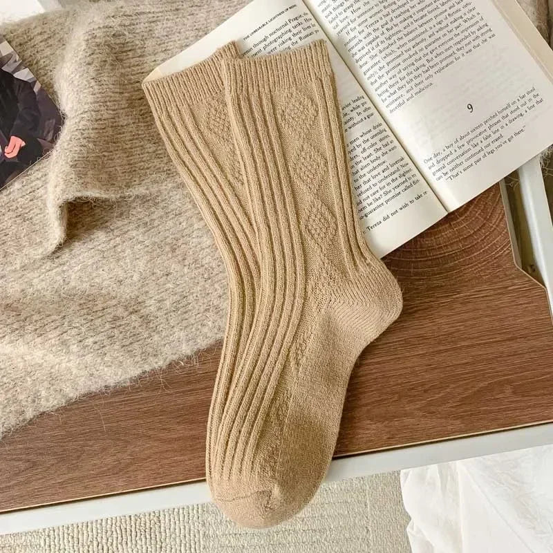 5Pairs Casual Thick Cashmere Socks Women Girls Japanese Harajuku Solid Color Wool Sock Fuzzy Soft Thermal Home Sleeping Stocking