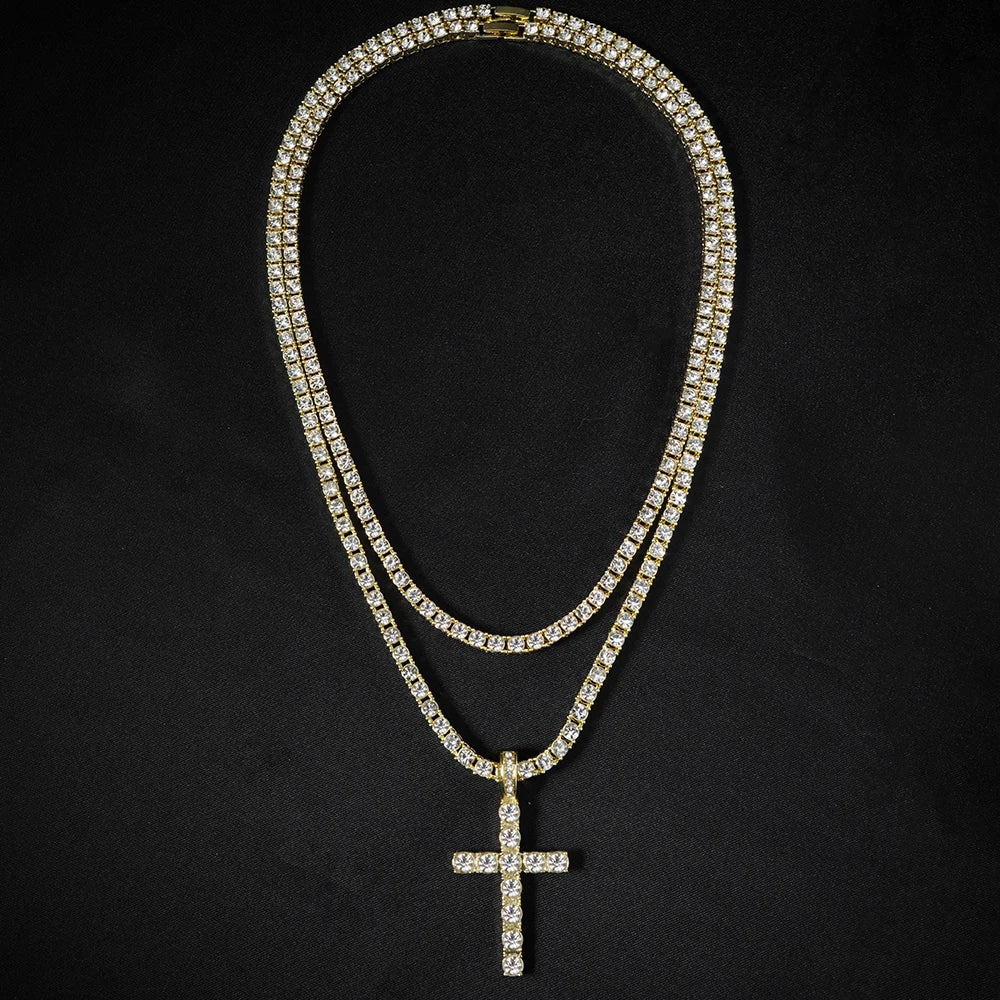 Hip Hop Iced Out Cross Necklace 4mm Tennis Chain Men