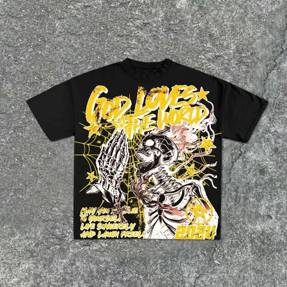 Summer men's fashion style skull print comfortable and breathable with round neck T-shirt outdoor warning top