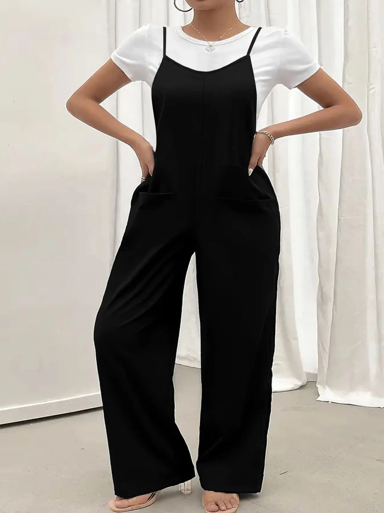 New summer solid color casual temperament commuter pocket trousers suspender jumpsuits women's clothing