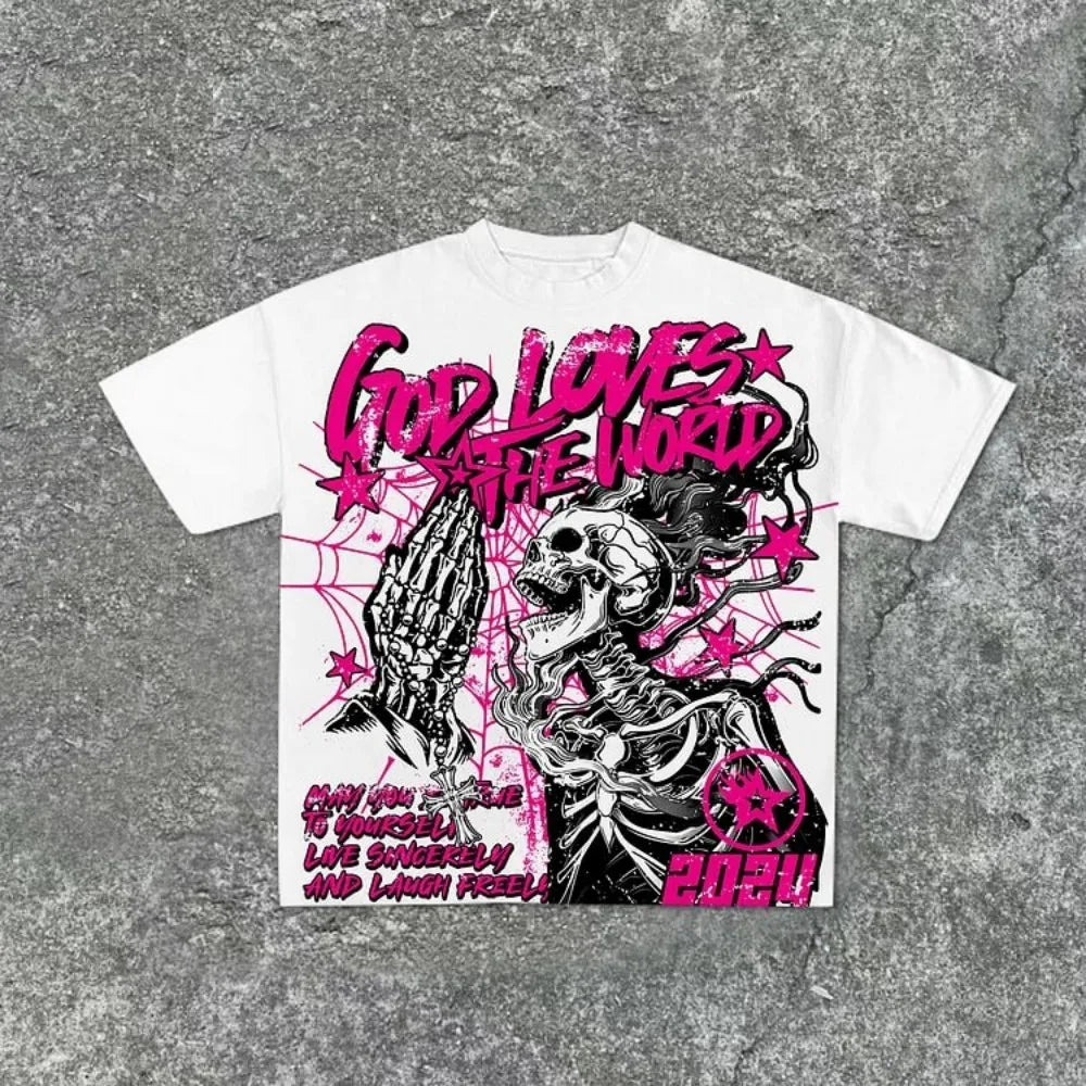 Summer men's fashion style skull print comfortable and breathable with round neck T-shirt outdoor warning top