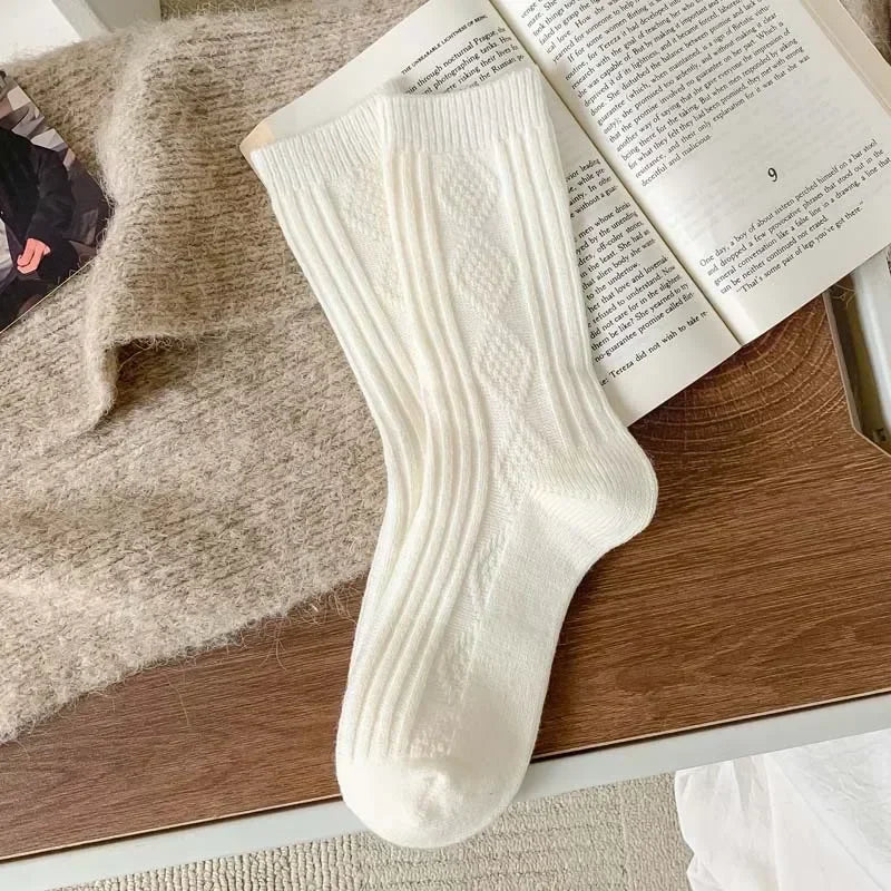 5Pairs Casual Thick Cashmere Socks Women Girls Japanese Harajuku Solid Color Wool Sock Fuzzy Soft Thermal Home Sleeping Stocking
