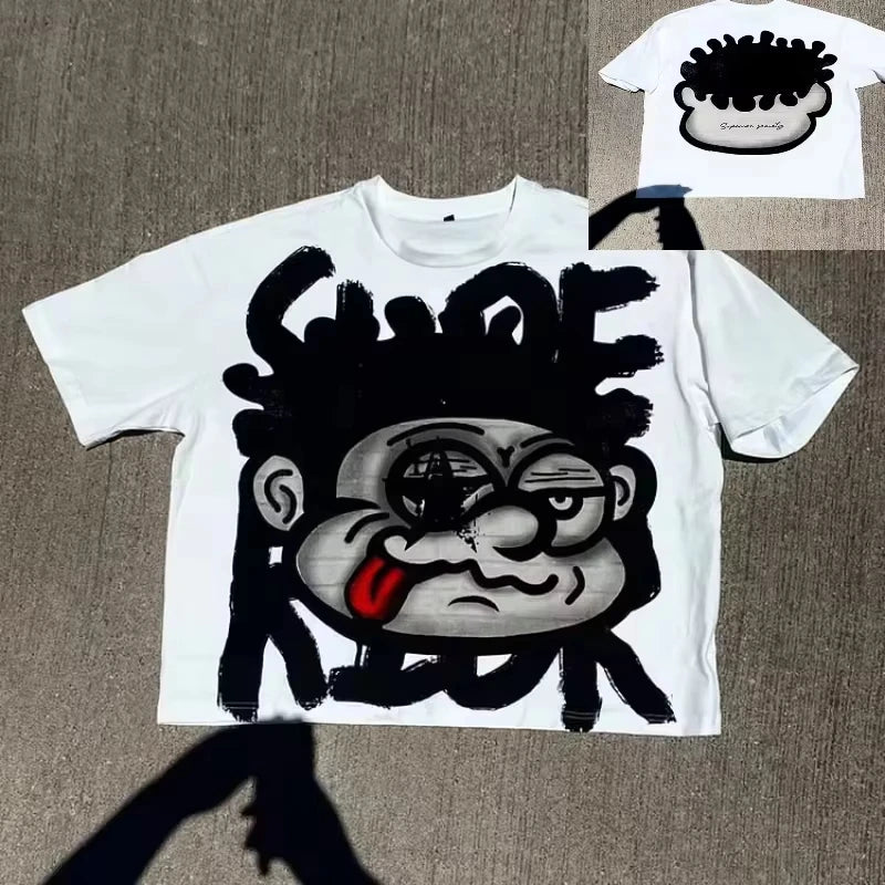 2025 Vintage Big Face Graphic Print Cotton T-Shirt Men Y2K Summer Short Sleeves Vintage Oversize Tshirt Streetwear Women Tops
