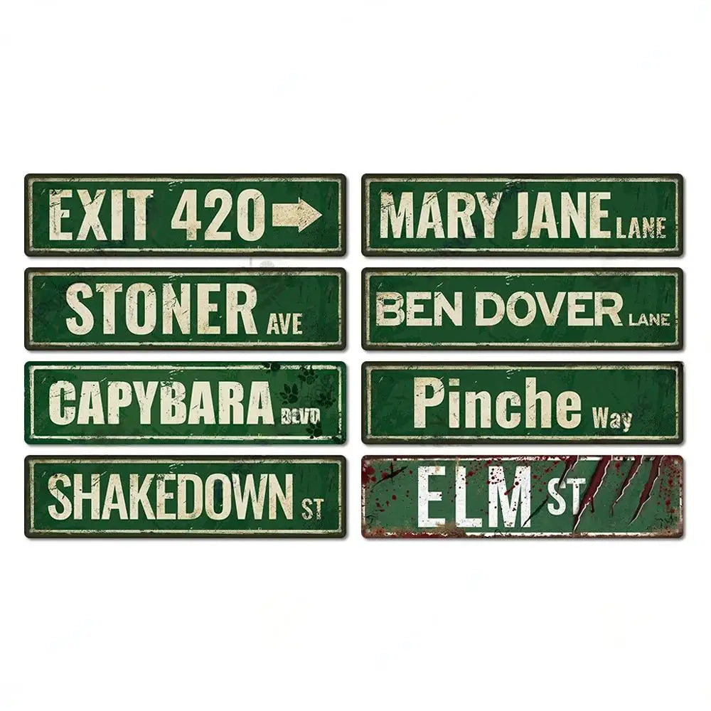 FJ Posters Elm Street 420 Stoner Metal Signs Iron Aluminium Accessories Plaque Metal Wall Art for Horror Movie Grunge Room Decor