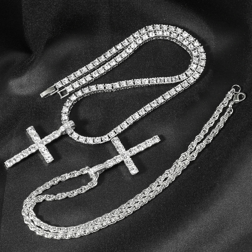 Hip Hop Iced Out Cross Necklace 4mm Tennis Chain Men