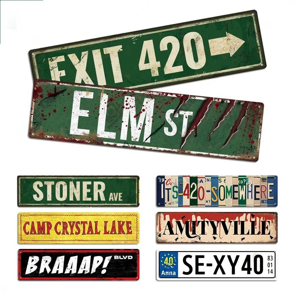 FJ Posters Elm Street 420 Stoner Metal Signs Iron Aluminium Accessories Plaque Metal Wall Art for Horror Movie Grunge Room Decor