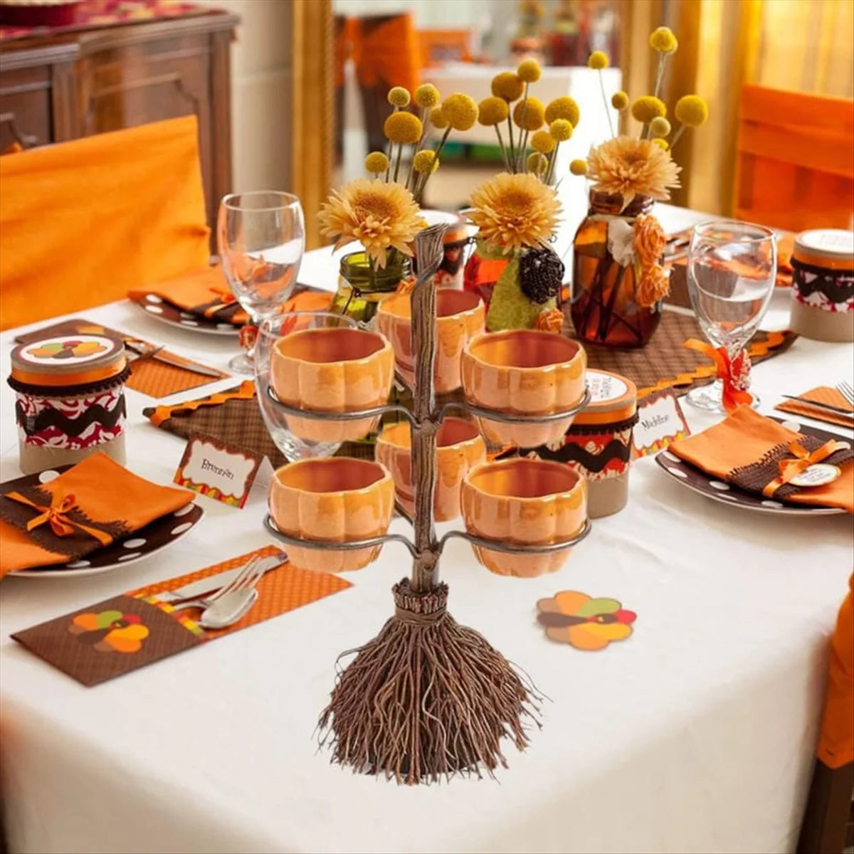 Halloween Pumpkin Snack Bowl Stand, Halloween Broomstick Snack Bowl Stand