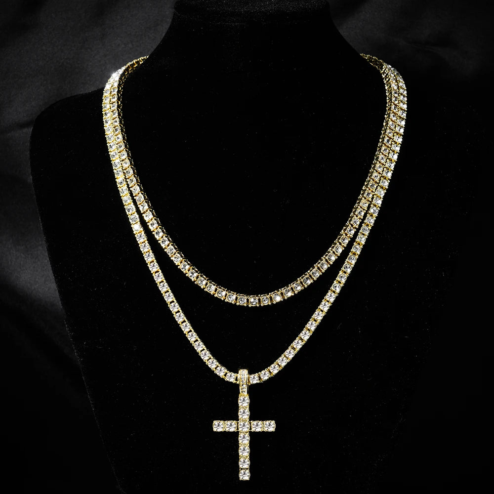 Hip Hop Iced Out Cross Necklace 4mm Tennis Chain Men