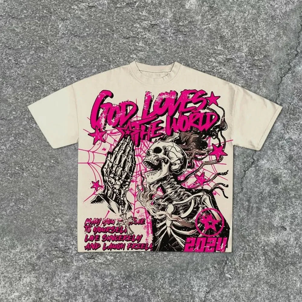 Summer men's fashion style skull print comfortable and breathable with round neck T-shirt outdoor warning top
