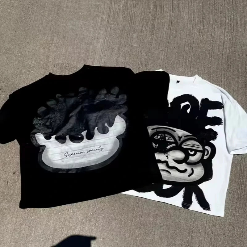 2025 Vintage Big Face Graphic Print Cotton T-Shirt Men Y2K Summer Short Sleeves Vintage Oversize Tshirt Streetwear Women Tops