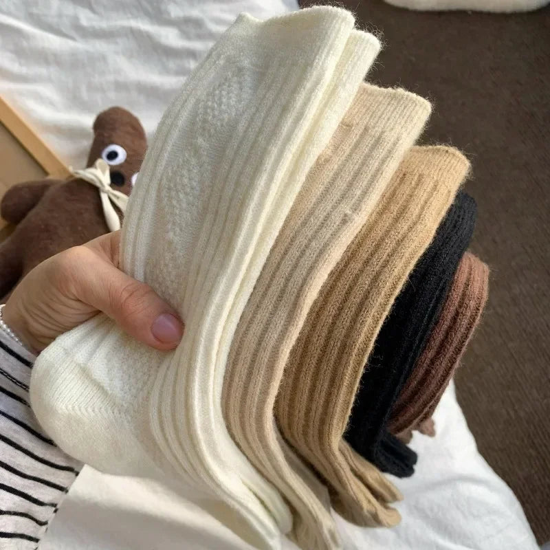 5Pairs Casual Thick Cashmere Socks Women Girls Japanese Harajuku Solid Color Wool Sock Fuzzy Soft Thermal Home Sleeping Stocking