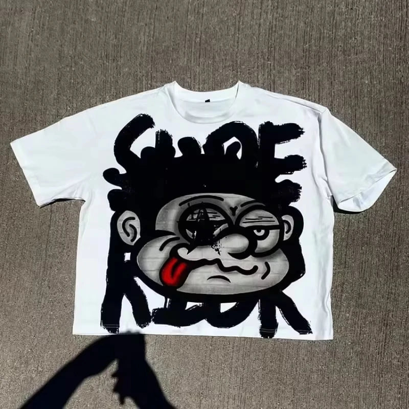 2025 Vintage Big Face Graphic Print Cotton T-Shirt Men Y2K Summer Short Sleeves Vintage Oversize Tshirt Streetwear Women Tops