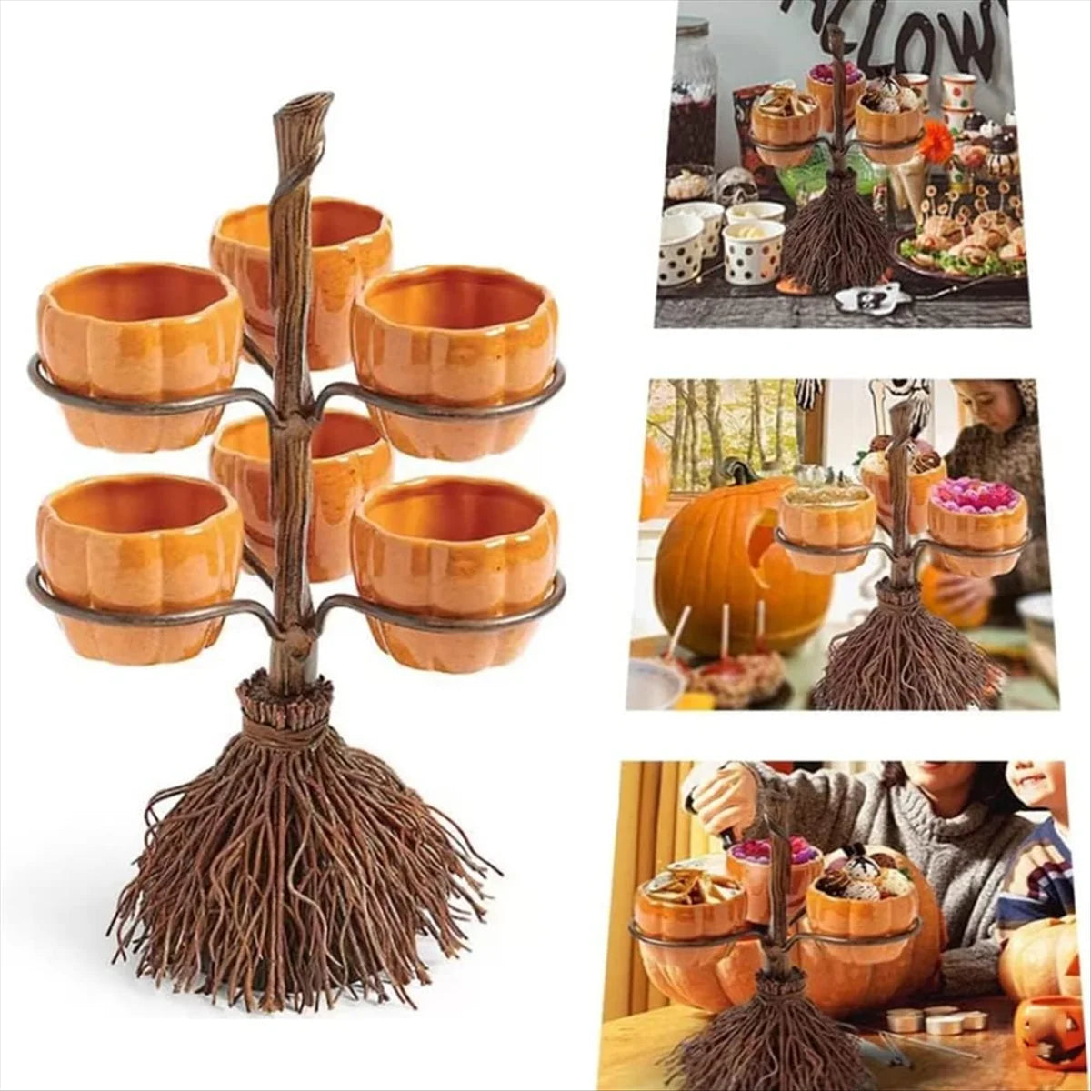 Halloween Pumpkin Snack Bowl Stand, Halloween Broomstick Snack Bowl Stand