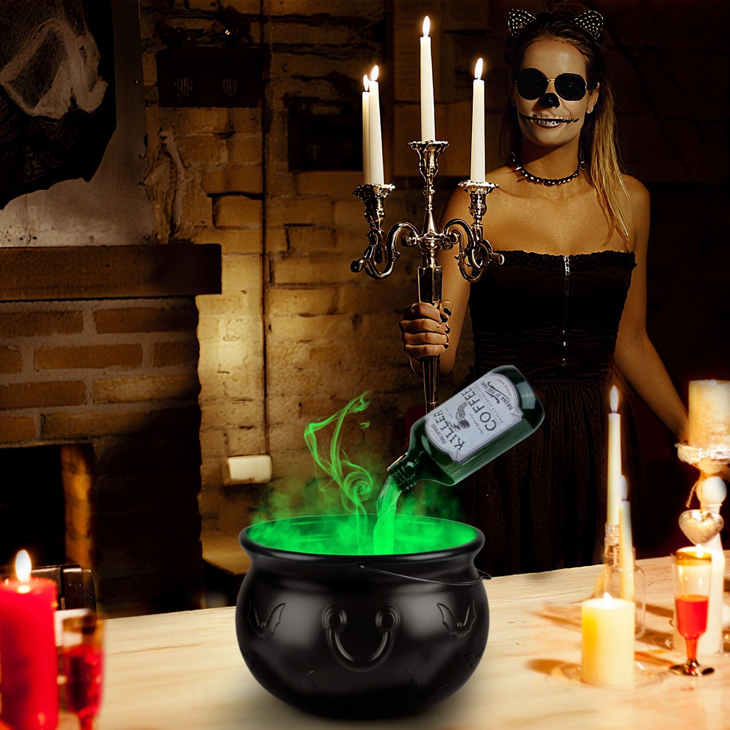 Halloween Decorations Floating Bottle Set With Witches Cauldron And Mist Maker With Green Light Spooky Vintage Party Decorations For Indoor Home Kitchen Living Room Entry Table