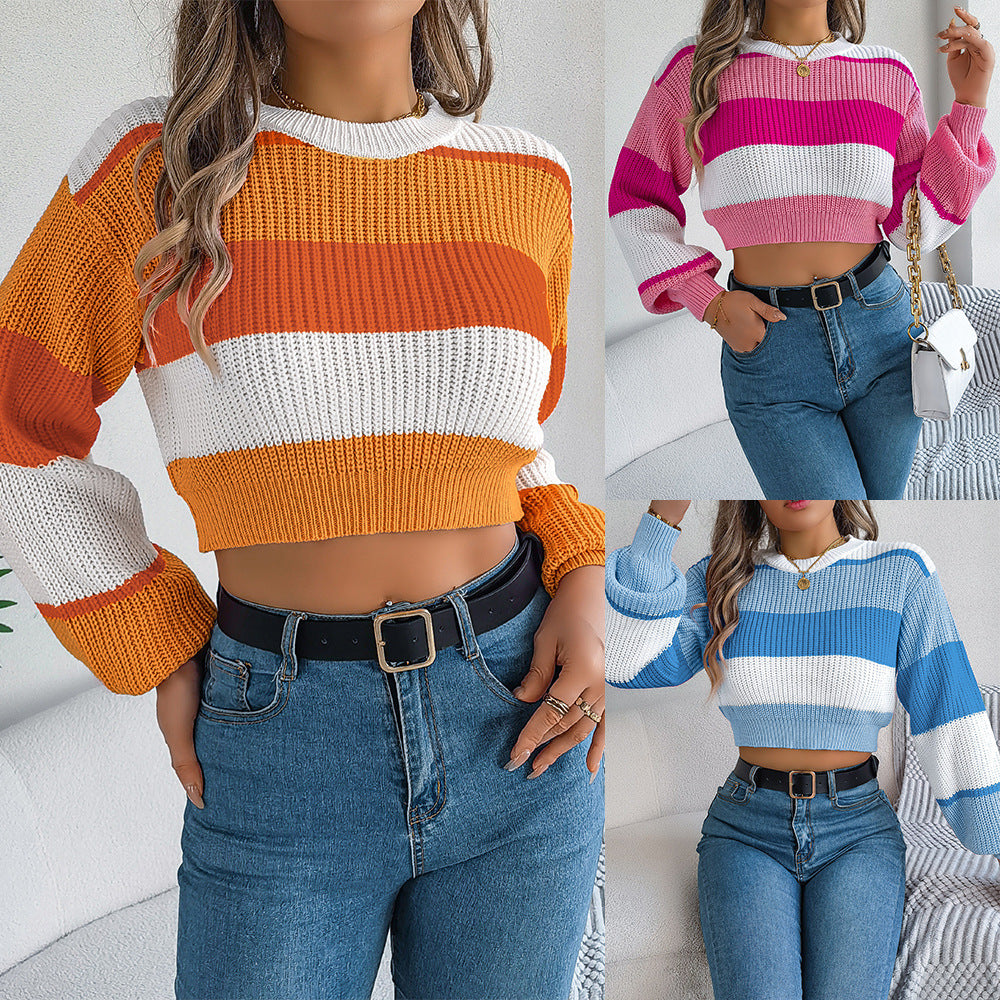 Casual Color-Block Lantern Sleeve Cropped Sweater
